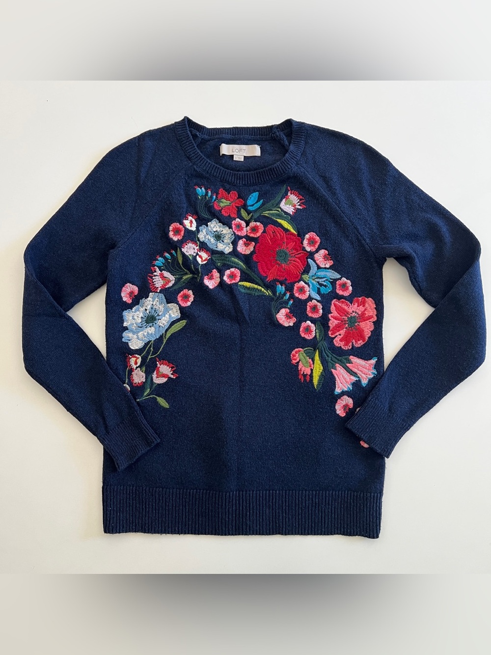 LOFT Navy Embroidered Floral Crewneck Sweater